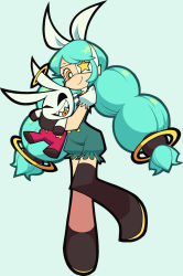 Rule 34 | 1girl, annie (skullgirls), braid, brooch, carrying, eyepatch, gloves, green background, green hair, hair ribbon, hair rings, highres, jewelry, juliet sleeves, long hair, long sleeves, looking at viewer, looking down, official alternate costume, overalls, panty &amp; stocking with garterbelt, parody, puffy sleeves, ribbon, sagan (skullgirls), shorts, skullgirls, smile, solo, stuffed animal, stuffed rabbit, stuffed toy, style parody, thighhighs, twin braids, yellow eyes