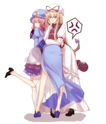 Rule 34 | 3girls, anger vein, back, bad id, bad twitter id, black legwear, blonde hair, blue dress, bow, covering privates, dress, frills, full body, gourd, hand fan, hat, hat bow, horn ornament, horn ribbon, horns, ibuki suika, japanese clothes, lani (pink  pink), long hair, long sleeves, looking at viewer, looking back, mary janes, mob cap, multiple girls, obi, open mouth, pantyhose, pink eyes, pink hair, puffy sleeves, purple eyes, ribbon, saigyouji yuyuko, sash, shoes, short hair, simple background, skirt, smile, speech bubble, tabard, touhou, triangular headpiece, white background, white dress, wide sleeves, yakumo yukari