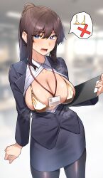 Rule 34 | 1girl, absurdres, bikini, bikini top only, black coat, black pantyhose, black skirt, blazer, blue eyes, blurry, blurry background, blush, breasts, breasts out, brown hair, cleavage, coat, commentary request, cowboy shot, embarrassed, gold bikini, hair between eyes, heavy breathing, highres, jacket, ka ze na mi, large breasts, long sleeves, looking at viewer, open clothes, open coat, open mouth, original, pantyhose, pencil skirt, ponytail, shirt, skirt, solo, spoken object, sweat, swimsuit, teacher, white shirt