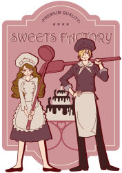 Rule 34 | 1boy, 1girl, apron, auchateaudargol, blonde hair, brown hair, cake, charlotte pudding, chef hat, closed mouth, commentary request, curly eyebrows, drill hair, english text, facial hair, food, full body, goat, hair over one eye, hat, heart, holding, long hair, looking at viewer, one eye covered, one piece, parted bangs, sanji (one piece), short hair, twintails