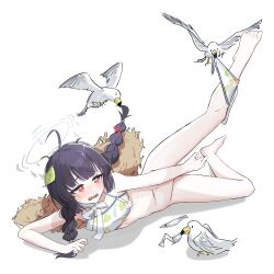 Rule 34 | 1girl, absurdres, ahoge, barefoot, bikini bottom pull, bird, black hair, blue archive, braid, bright pupils, charm (object), coral hair ornament, covering crotch, covering privates, crying, crying with eyes open, feet, halo, hat, highres, ka keo, leaf, leaf on head, legs, long hair, low twin braids, lying, miyu (blue archive), miyu (swimsuit) (blue archive), navel, neck ribbon, on side, open mouth, pulling another&#039;s clothes, red eyes, ribbon, seagull, simple background, snot, solo, stomach, straw hat, sun hat, tears, toes, twin braids, wavy mouth, white background, white pupils, white ribbon