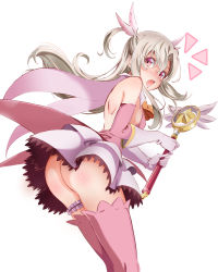 Rule 34 | 1girl, :o, ass, backless outfit, bad id, bad pixiv id, blush, boots, breasts, detached sleeves, elbow gloves, embarrassed, fate/kaleid liner prisma illya, fate (series), feathers, floating hair, gloves, grey skirt, hair between eyes, highres, holding, holding staff, layered skirt, leaning forward, long hair, long sleeves, looking at viewer, magical ruby, miniskirt, ngv3553, pink eyes, pink feathers, pink footwear, pink sleeves, pleated skirt, prisma illya, shiny skin, shoulder blades, sideboob, silver hair, simple background, skirt, solo, staff, surprised, thigh boots, thigh strap, thighhighs, two side up, very long hair, white background, white gloves