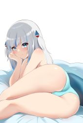 Rule 34 | 1girl, absurdres, ass, bare legs, blue eyes, blue hair, blue panties, blush, closed mouth, feet out of frame, fins, fish tail, gawr gura, grey hair, hair ornament, head rest, highres, hololive, hololive english, legs together, long hair, looking at viewer, lying, multicolored hair, on side, panties, shark hair ornament, shark tail, short twintails, simple background, smirk, solo, streaked hair, tail, thighs, topless, twintails, two-tone hair, two side up, underwear, virtual youtuber, white background, yuyu5x