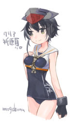 Rule 34 | 10s, 1girl, artist name, asymmetrical hair, black hair, brown eyes, character name, cowboy shot, framed breasts, gloves, hair between eyes, headphones, i-14 (kancolle), kantai collection, mogamiya honu, partially fingerless gloves, sailor collar, school swimsuit, short hair, simple background, single glove, solo, swimsuit, translation request, twitter username, white background