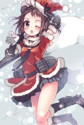 Rule 34 | 10s, 1girl, 2016, ;o, adapted costume, arm up, belt, black footwear, black gloves, black necktie, black skirt, blush, bobblehat, boots, brown eyes, brown hair, carrying, dated, elbow gloves, fur-trimmed boots, fur-trimmed sleeves, fur trim, gloves, hair bun, hat, highres, jumping, kantai collection, knee boots, koruri, looking at viewer, machinery, miniskirt, motion blur, naka (kancolle), necktie, one eye closed, open mouth, over shoulder, pleated skirt, red hat, red shirt, sack, santa costume, santa hat, shirt, short sleeves, signature, single hair bun, skirt, snowing, solo, tareme, translation request