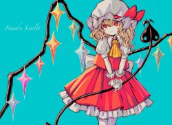 Rule 34 | 1girl, ascot, back bow, blonde hair, blue background, bow, character name, closed mouth, collar, collared shirt, crystal, dress, flandre scarlet, hair between eyes, hat, hat ribbon, highres, jewelry, laevatein (touhou), looking to the side, mob cap, multicolored wings, one side up, polearm, puffy short sleeves, puffy sleeves, red dress, red eyes, red ribbon, ribbon, shirt, short hair, short sleeves, simple background, solo, spear, standing, star (symbol), touhou, wavy hair, weapon, white bow, white hat, white shirt, wings, wrist cuffs, yellow ascot, yuka yukiusa