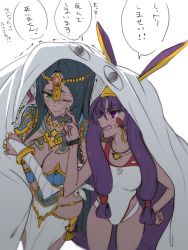 Rule 34 | 2girls, animal ears, arm wrap, black hair, breasts, cheek poking, circlet, cleavage, cloak, competition swimsuit, dark-skinned female, dark skin, earrings, fate/grand order, fate (series), forehead jewel, gem, gold trim, green eyes, hand on own hip, hollomaru, hoop earrings, jackal ears, jewelry, large breasts, long hair, looking at another, multiple girls, nitocris (fate), nitocris (fate/grand order), nitocris (swimsuit assassin) (fate), nitocris (swimsuit assassin) (second ascension) (fate), one-piece swimsuit, open mouth, poking, purple eyes, purple hair, ring, scheherazade (fate), shadow, swimsuit, translation request, trembling, very long hair, watch, white cloak, wristwatch