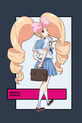 Rule 34 | 10s, 1girl, 71, alternate costume, bag, big hair, blonde hair, blue eyes, bow, briefcase, earrings, fashion, hair bow, harime nui, jewelry, kill la kill, legs, long hair, looking back, no eyepatch, pink bow, product placement, school bag, school briefcase, school uniform, serafuku, shoes, smile, sneakers, solo, twintails, very long hair