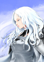 Rule 34 | 1girl, absurdres, alternate hair color, armor, blonde hair, blue sky, bodysuit, breasts, cape, claymore (series), cloud, dated, day, from side, grey bodysuit, grey cape, highres, lips, long hair, long sleeves, looking at viewer, medium breasts, outdoors, parted lips, pauldrons, realistic, shoulder armor, signature, sky, solo, teresa (claymore), uniform, wavy hair, white hair, yuutan (chokorobittsu)