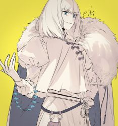 Rule 34 | 1boy, blue eyes, cloak, collar, commentary request, crown, unworn crown, diamond hairband, eiki (eikityou 55), fate/grand order, fate (series), frilled collar, frilled sleeves, frills, fur-trimmed cloak, fur trim, grey hair, hand on own hip, hand up, highres, juliet sleeves, long sleeves, looking away, male focus, medium hair, no wings, oberon (fate), official alternate costume, parted lips, puffy sleeves, signature, simple background, smile, solo, upper body, white cloak, white hair, yellow background