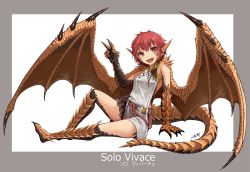 Rule 34 | 1girl, :d, animal hands, belt, character name, commentary request, dragon girl, dragon tail, dragon wings, fang, hitokuirou, horns, jewelry, looking at viewer, monster girl, open mouth, original, pendant, pixiv fantasia, pixiv fantasia revenge of the darkness, red eyes, red hair, scales, short hair, simple background, sitting, slit pupils, smile, solo, solo vivace (hitokuirou), spikes, tail, v, wings