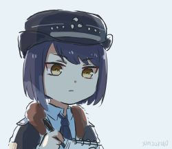 Rule 34 | 1girl, alternate costume, black hair, collared shirt, commentary, contemporary, genshin impact, hair between eyes, hat, holding, holding notepad, holding pen, kujou sara, long sleeves, necktie, notepad, parted bangs, pen, police, police uniform, policewoman, shirt, short hair, sidelocks, simple background, solo, symbol-only commentary, uniform, xinzoruo, yellow eyes