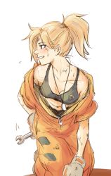 Rule 34 | 1girl, anco (platanity), bare shoulders, blonde hair, blue eyes, blush, bracer, collarbone, dog tags, eyebrows, flying sweatdrops, gloves, hair ornament, hair tie, jumpsuit, leaning forward, mechanic, mercy (overwatch), midriff, navel, orange jumpsuit, overwatch, overwatch 1, pink lips, ponytail, shoes, shorts, solo, sweatdrop, tank top, teeth, white gloves, wrench