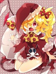 Rule 34 | 1girl, bare legs, blonde hair, bone, bow, cape, cleaver, dress, fangs, flandre scarlet, hair bow, hat, highres, nikorashi-ka, one eye covered, open mouth, red dress, red eyes, santa costume, santa hat, seiza, side ponytail, sitting, skull and crossbones, torn clothes, touhou, wings