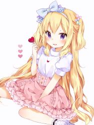 Rule 34 | 1girl, :3, :d, between legs, blonde hair, blue bow, blue hairband, blush, bow, braid, candy, food, frilled skirt, frills, hair between eyes, hair bow, hairband, hand between legs, heart, heart-shaped lollipop, highres, holding, holding candy, holding food, holding lollipop, lollipop, long hair, open mouth, original, pink bow, pink skirt, plaid, plaid bow, puffy short sleeves, puffy sleeves, purple bow, purple eyes, shaped lollipop, shirt, short sleeves, simple background, skirt, smile, solo, toma tokage, two side up, very long hair, white background, white legwear, white shirt