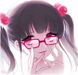 Rule 34 | 1girl, a.i. voice, backlighting, black hair, bloom, commentary request, completely nude, glasses, hair bobbles, hair ornament, hands up, highres, long hair, looking at viewer, marutsubo, nude, onikko hunter tsuina-chan, open mouth, portrait, red eyes, sanpaku, signature, smile, solo, takatoo saki, twintails, white background