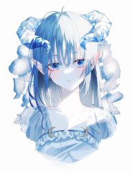 Rule 34 | 1girl, absurdres, blue eyes, blue hair, blush, cropped shoulders, crying, crying with eyes open, demon horns, eyes visible through hair, highres, horns, leaf, long hair, looking at viewer, original, parted lips, pointy ears, portrait, ryane (yry 0), shirt, simple background, solo, tears, white background, white shirt
