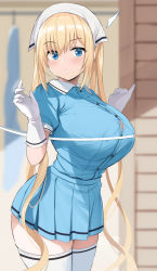 Rule 34 | 1girl, bad id, bad twitter id, blend s, blonde hair, blue eyes, blue skirt, breasts, commentary request, gloves, hands up, head scarf, highres, hinata kaho, large breasts, long hair, looking at viewer, noripachi, pleated skirt, ribbon, skirt, solo, thighhighs, twintails, very long hair, white gloves, white ribbon, white thighhighs, zettai ryouiki