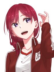 Rule 34 | 1girl, collarbone, commentary request, facing viewer, hand up, highres, jacket, long sleeves, looking to the side, love live!, love live! school idol project, medium hair, nishikino maki, open clothes, open jacket, open mouth, portrait, purple eyes, red hair, red jacket, red theme, s sho mkrn, shirt, simple background, solo, teeth, upper body, upper teeth only, white background, white shirt