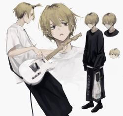 Rule 34 | 1boy, 7ife, absurdres, bad id, bad pixiv id, bag, black footwear, black skirt, black sweater, blouse, brown eyes, brown hair, closed mouth, collarbone, commentary, electric guitar, english commentary, guitar, highres, holding, holding bag, instrument, long sleeves, male focus, mask, mouth mask, multiple views, open mouth, original, parted lips, shirt, shopping bag, short hair, short sleeves, simple background, skirt, surgical mask, sweater, white background, white shirt