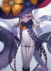 Rule 34 | 1girl, abigail williams (fate), abigail williams (third ascension) (fate), backlighting, bare shoulders, black bow, black hat, black panties, bow, breasts, colored skin, elbow gloves, fate/grand order, fate (series), forehead, gloves, glowing, glowing eye, hat, keyhole, long hair, looking at viewer, mins (minevi), multiple bows, nail, navel, orange bow, pale skin, panties, parted bangs, red eyes, small breasts, solo, tentacles, thighs, third eye, underwear, white hair, white skin, witch hat