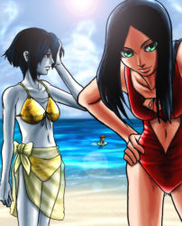 Rule 34 | alice: madness returns, alice (alice in wonderland), alice in wonderland, alice liddell (american mcgee&#039;s alice), american mcgee&#039;s alice, beach, black hair, breasts, ceramic man, closed mouth, cloud, green eyes, long hair, looking at viewer, multiple girls, navel, smile, swimsuit, water