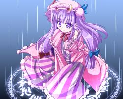 Rule 34 | 1girl, blue background, bow, crescent, dress, female focus, frills, hair bow, hand on own shoulder, hat, hat ribbon, hexagram, light trail, long hair, long sleeves, looking at viewer, magic circle, patchouli knowledge, purple eyes, purple hair, ribbon, robe, roco (katsuya1011), simple background, sitting, smile, solo, striped clothes, striped dress, touhou, very long hair