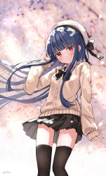 Rule 34 | 1girl, black bow, black bowtie, black skirt, black thighhighs, blue hair, blurry, blurry background, blush, bow, bowtie, breasts, brown sweater, buttons, cherry blossoms, child, commentary, day, dot nose, eluthel, hand up, hat, highres, idolmaster, idolmaster cinderella girls, idolmaster cinderella girls u149, legs, long hair, long sleeves, looking at viewer, miniskirt, outdoors, petals, pleated skirt, red eyes, ribbed hat, sajo yukimi, sidelocks, skirt, small breasts, smile, solo, sweater, thighhighs, thighs, twitter username, white hat, wind, wing collar
