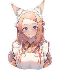 Rule 34 | 1girl, absurdres, animal ear fluff, animal ears, blonde hair, blue eyes, blush, closed mouth, commentary request, fox ears, fox girl, hair ribbon, highres, inre kemomimi, long hair, looking at viewer, maid, maid headdress, original, red ribbon, ribbon, simple background, smile, solo, upper body, white background