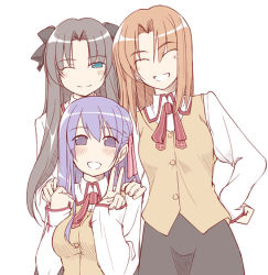 Rule 34 | 00s, 3girls, :d, ^ ^, blue eyes, brown hair, closed eyes, fate/stay night, fate (series), fue (rhomphair), homurahara academy school uniform, long sleeves, looking at viewer, matou sakura, mitsuzuri ayako, multiple girls, open mouth, orange hair, parted bangs, purple eyes, purple hair, school uniform, serafuku, simple background, smile, sweater vest, tohsaka rin, white background