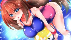 Rule 34 | 1girl, balloon, bent over, blue eyes, blush, bracelet, breast rest, breasts, brown hair, capcom, character balloon, hair between eyes, hat, holding, holding balloon, iris (mega man), jewelry, large breasts, long hair, low-tied long hair, mega man (series), mega man x (series), met (mega man), one-piece swimsuit, open mouth, red hat, shimazu kaname, smile, solo, swimsuit, water