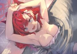 Rule 34 | 1girl, armpits, blue archive, blue eyes, blush, breasts, cleavage, demon horns, fang, hair ornament, hairpin, halo, horns, large breasts, long hair, looking at viewer, megu (blue archive), naked towel, onsen, open mouth, partially submerged, pointy ears, red hair, red halo, red horns, skin fang, smile, solo, tomamatto, towel, water, white towel
