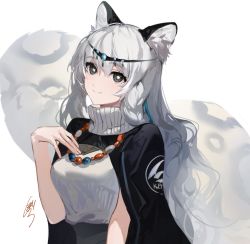 Rule 34 | 1girl, absurdres, animal ears, arknights, black cape, breasts, bright pupils, cape, closed mouth, commentary, english commentary, grey eyes, grey hair, grey sweater, hand on own chest, hand up, head tilt, highres, hoojiro, jewelry, large breasts, large tail, long hair, looking at viewer, making-of available, necklace, pramanix (arknights), signature, simple background, smile, solo, sweater, tail, upper body, white background, white pupils