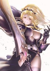 Rule 34 | 1girl, absurdres, armor, armored dress, belt, black dress, blonde hair, breasts, brown eyes, capelet, center opening, christina (princess connect!), cleavage, dress, fur trim, gauntlets, hair between eyes, high ponytail, highres, huge filesize, itaco, large breasts, long hair, looking at viewer, parted bangs, pauldrons, ponytail, princess connect!, purple capelet, shoulder armor, simple background, smile, solo, sword, thighs, weapon, white background