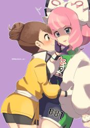 Rule 34 | 2girls, blush, bow, brown hair, commentary, creatures (company), eye contact, face-to-face, fingerless gloves, from side, game freak, gloria (pokemon), gloves, hachi (hachi sin), hair bow, hair bun, highres, klara (pokemon), lipstick, looking at another, makeup, multiple girls, nintendo, pink hair, pink lips, pokemon, pokemon swsh, purple background, purple gloves, shaded face, short shorts, shorts, single hair bun, twitter username, white bow, white gloves, yuri