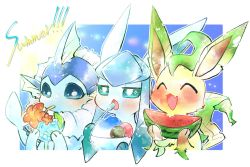 Rule 34 | :d, ^ ^, blue eyes, blush, bowl, bright pupils, closed eyes, commentary request, creatures (company), drinking, drinking straw, drinking straw in mouth, eating, fang, flower, food, fruit, game freak, gen 1 pokemon, gen 4 pokemon, glaceon, glass, green eyes, happy, holding, leafeon, naoto (shion), nintendo, no humans, open mouth, pokemon, pokemon (creature), shaved ice, smile, vaporeon, watermelon, watermelon slice, white pupils