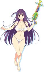 bikini breasts front-tie_bikini_top front-tie_top gluteal_fold hair_ornament hairclip holding holding_water_gun kagurazaka_rinka large_breasts long_hair looking_at_viewer navel official_art open_mouth purple_eyes purple_hair senran_kagura senran_kagura_peach_beach_splash simple_background smile swimsuit valkyrie_drive valkyrie_drive_-bhikkhuni- water_gun white_bikini yaegashi_nan