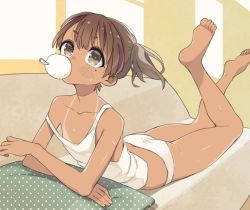 Rule 34 | 1girl, ass, barefoot, brown eyes, brown hair, character request, commentary, copyright request, couch, crossed arms, feet up, flat chest, food, highres, ice cream, icon 315, lying, mole, mole under eye, mouth hold, on stomach, panties, side ponytail, solo, strap slip, sweat, tan, tank top, tanline, the pose, underwear, unmoving pattern, white panties