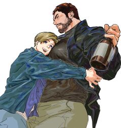 Rule 34 | 123456dyom, 2boys, absurdres, alcohol, bara, black hair, black jacket, black shirt, blue jacket, blue pants, blue shirt, bottle, brown hair, chris redfield, couple, facial hair, green pants, highres, holding, holding bottle, hug, jacket, large pectorals, leon s. kennedy, looking at another, male focus, multiple boys, muscular, muscular male, open clothes, open jacket, open mouth, pants, pectorals, resident evil, resident evil 6, shirt, short hair, simple background, smile, white background, yaoi