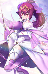 Rule 34 | 1girl, bare shoulders, blush, breasts, dress, fate/grand order, fate (series), fur-trimmed dress, fur trim, hair between eyes, hair ribbon, headpiece, holding, holding wand, large breasts, long hair, looking at viewer, ponytail, purple dress, purple hair, purple ribbon, purple thighhighs, red eyes, ribbon, scathach (fate), scathach skadi (fate), scathach skadi (third ascension) (fate), smile, solo, thighhighs, thighs, tiara, untue, wand