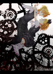 Rule 34 | 1boy, 1girl, aqua eyes, bad id, bad pixiv id, blonde hair, brother and sister, dress, eye contact, formal, frills, gears, hair ornament, hair ribbon, hairclip, holding another&#039;s wrist, kagamine len, kagamine rin, letterboxed, looking at another, n (nico ed), nico ed, open mouth, outside border, ribbon, short hair, siblings, skirt, thighhighs, twins, vocaloid, white thighhighs