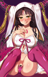 Rule 34 | 10s, 1girl, ;q, arm at side, arm support, bad id, bad pixiv id, bare shoulders, black hair, blush, breasts, brown hair, chest tattoo, cleavage, collarbone, detached sleeves, facial mark, fate/extra, fate/extra ccc, fate/grand order, fate (series), female pubic hair, forehead mark, gem, gradient hair, hand on own chest, hand up, horn ornament, horns, knees up, large breasts, licking lips, long hair, long sleeves, looking at viewer, multicolored hair, naughty face, navel, nite (ku3456), nose blush, one eye closed, panties, parted bangs, partially visible vulva, pubic hair, purple hair, purple panties, purple ribbon, purple thighhighs, revealing clothes, ribbon, sessyoin kiara, sideboob, sidelocks, sitting, skindentation, smile, solo, spread legs, stomach, sweat, tattoo, thighhighs, tongue, tongue out, underwear, veil, very long hair, wavy hair, wide sleeves, yellow eyes
