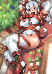 Rule 34 | 1girl, absurdres, animal ears, antlers, arms behind head, arms up, blue eyes, blush, boots, bound, bound arms, bound legs, box, braid, breasts, christmas, christmas tree, commentary, cow ears, cow girl, cow horns, crying, crying with eyes open, detached sleeves, english commentary, fake antlers, gift, gift box, grey hair, highres, horns, large breasts, leotard, lying, nandi raktasari (prafa-ar), nose blush, on back, open mouth, original, prafa-ar, red ribbon, reindeer antlers, ribbon, ribbon bondage, single braid, solo, strapless, strapless leotard, tears, teeth, thighhighs, tied up, upper teeth only, white background, white leotard, white sleeves, white thighhighs