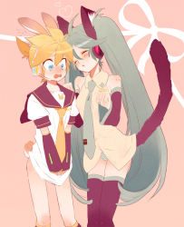 Rule 34 | 1boy, 1girl, amezawa koma, animal ears, aqua eyes, aqua hair, bad id, bad pixiv id, blonde hair, blush, bottomless, covering crotch, covering privates, detached sleeves, embarrassed, hatsune miku, headphones, headset, heart, kagamine len, long hair, necktie, no pants, panties, rabbit ears, striped clothes, striped panties, tail, thighhighs, twintails, underwear, very long hair, vocaloid, wolf ears, zettai ryouiki