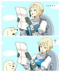 Rule 34 | ..., 1girl, ?, black gloves, blonde hair, blue knight of the cornerstone (km yama), border, braid, creature, french braid, gloves, holding, holding map, jitome, km yama, long hair, map, meme, original, parted lips, puffy short sleeves, puffy sleeves, reading, short sleeves, single braid, solo, upper body, white border, winnie the pooh, winnie the pooh reading (meme)