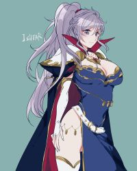 Rule 34 | 1girl, boots, breasts, cape, character name, cleavage, dress, earrings, elbow gloves, fire emblem, fire emblem: genealogy of the holy war, gloves, highres, ishtar (fire emblem), jewelry, large breasts, long hair, nintendo, ponytail, purple eyes, side ponytail, silver hair, solo, standing, thigh boots, thighhighs, thighs