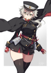 Rule 34 | 1girl, absurdres, azur lane, belt, black cape, black shirt, black shorts, black thighhighs, cape, closed mouth, commentary, fingerless gloves, frown, gloves, grey hair, hair between eyes, hat, highres, kinu (azur lane), kinu (retrofit) (azur lane), long sleeves, looking at viewer, low ponytail, military, military hat, military uniform, peaked cap, red gloves, retrofit (azur lane), shirasu uni, shirt, short hair, short shorts, shorts, signature, skindentation, solo, standing, thighhighs, uniform, yellow eyes