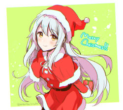 Rule 34 | 1girl, anbutter siruko, blush, box, capelet, christmas, closed mouth, gift, gift box, hair between eyes, hat, holding, holding gift, kantai collection, long hair, long sleeves, merry christmas, pom pom (clothes), red capelet, santa costume, santa hat, shoukaku (kancolle), smile, solo, twitter username, white hair, yellow eyes