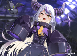 Rule 34 | 1girl, blurry, blurry background, chain, coat, collar, commentary request, crow (la+ darknesss), fangs, braid, hands up, highres, hololive, horns, kabu (niniko2ko), la+ darknesss, looking at viewer, metal collar, multicolored hair, o-ring, open mouth, purple coat, purple hair, sleeves past fingers, sleeves past wrists, solo, streaked hair, striped horns, tail, two-tone hair, upper body, virtual youtuber, white hair, yellow eyes