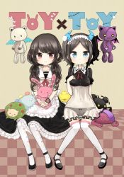 Rule 34 | 2girls, bad id, bad pixiv id, black hair, blue eyes, bow, rabbit, dress, hair bow, hairband, horns, long hair, low twintails, morina nao, multiple girls, original, panties, pantyhose, red eyes, see-through, short hair, sitting, stuffed animal, stuffed toy, thighhighs, twintails, underwear, wings